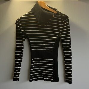 Caché Black and White Striped Turtleneck Sweater